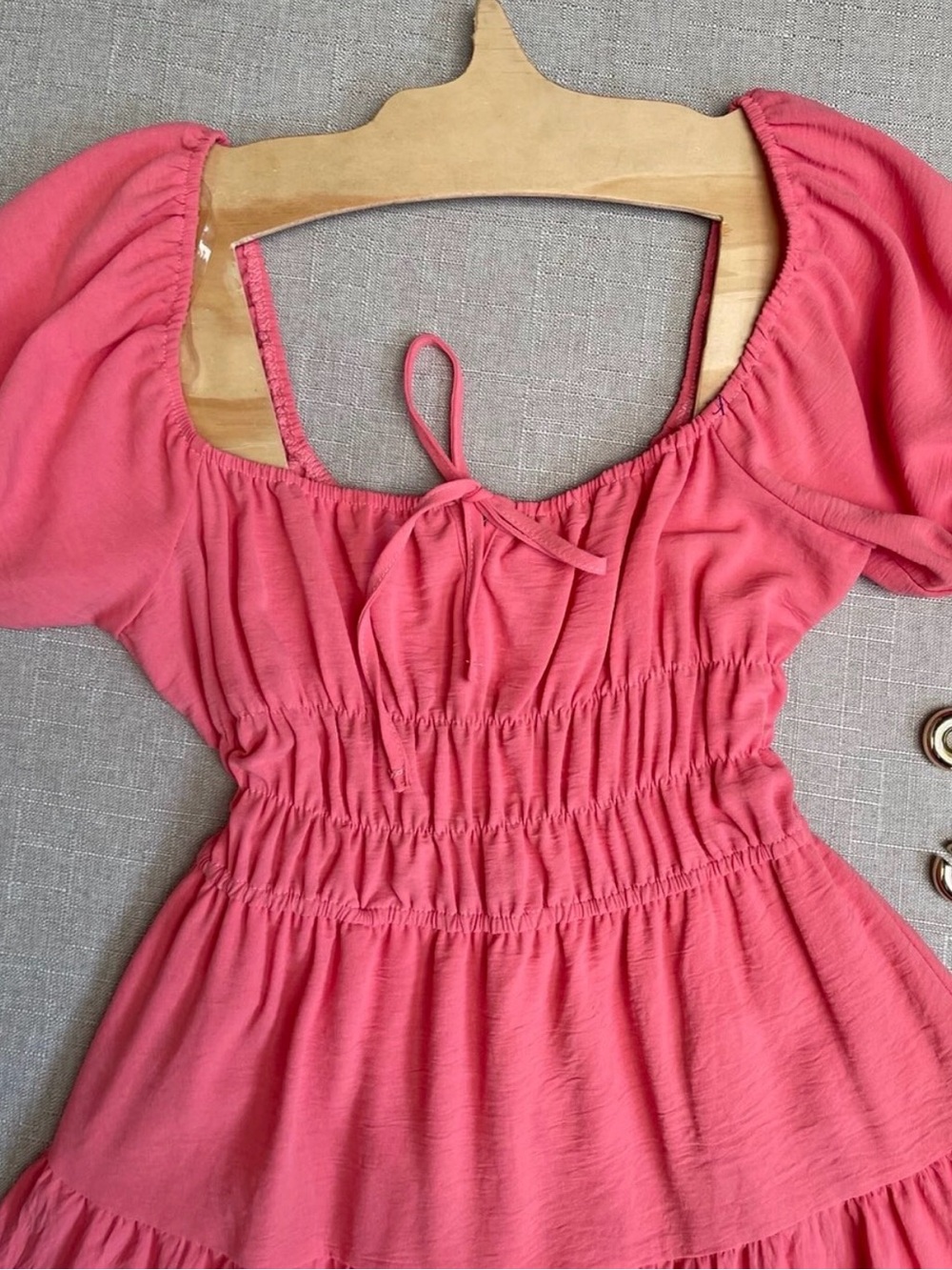 Trixxi Coral Smocked Midi Dress with Tie Neck